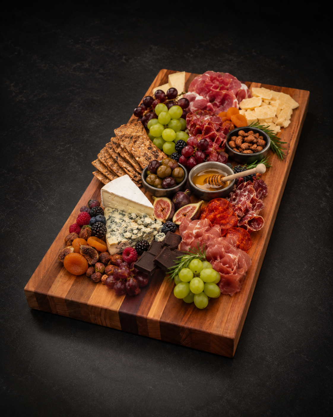 The Origin Australian hardwood presentation board styled for a shared table setting