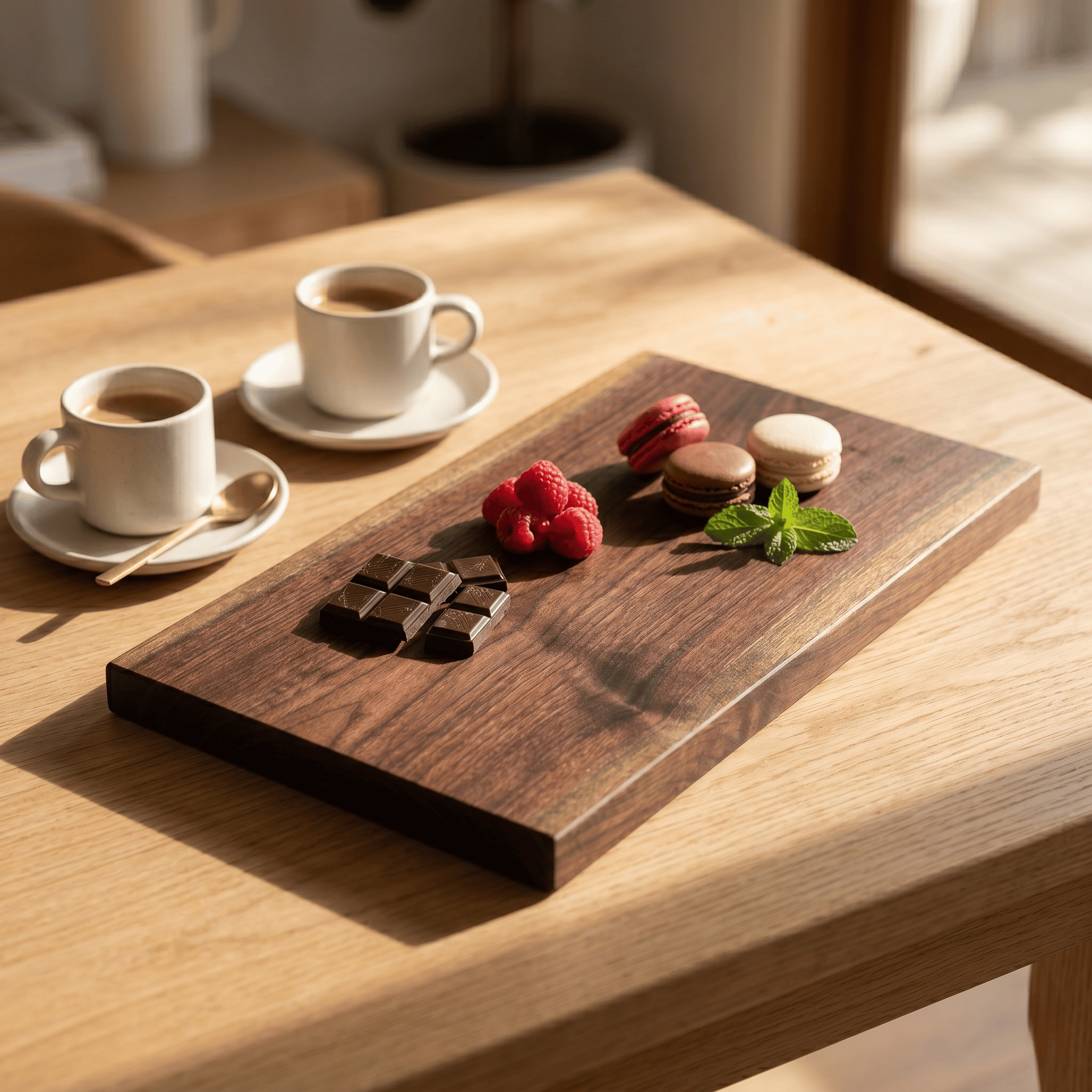 The Brook River Red Gum board styled with coffee and dessert