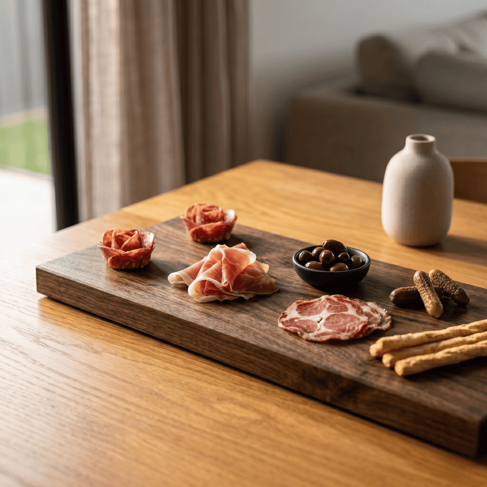 The Stream River Red Gum presentation board styled for an evening table setting
